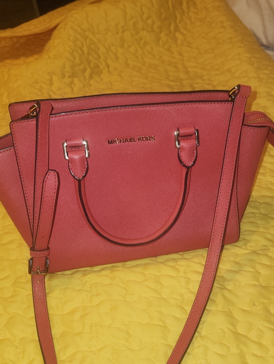 Michael Kors Handbags - Michael Kors Coral Pink Saffiano Satchel with Gold-Tone Logo